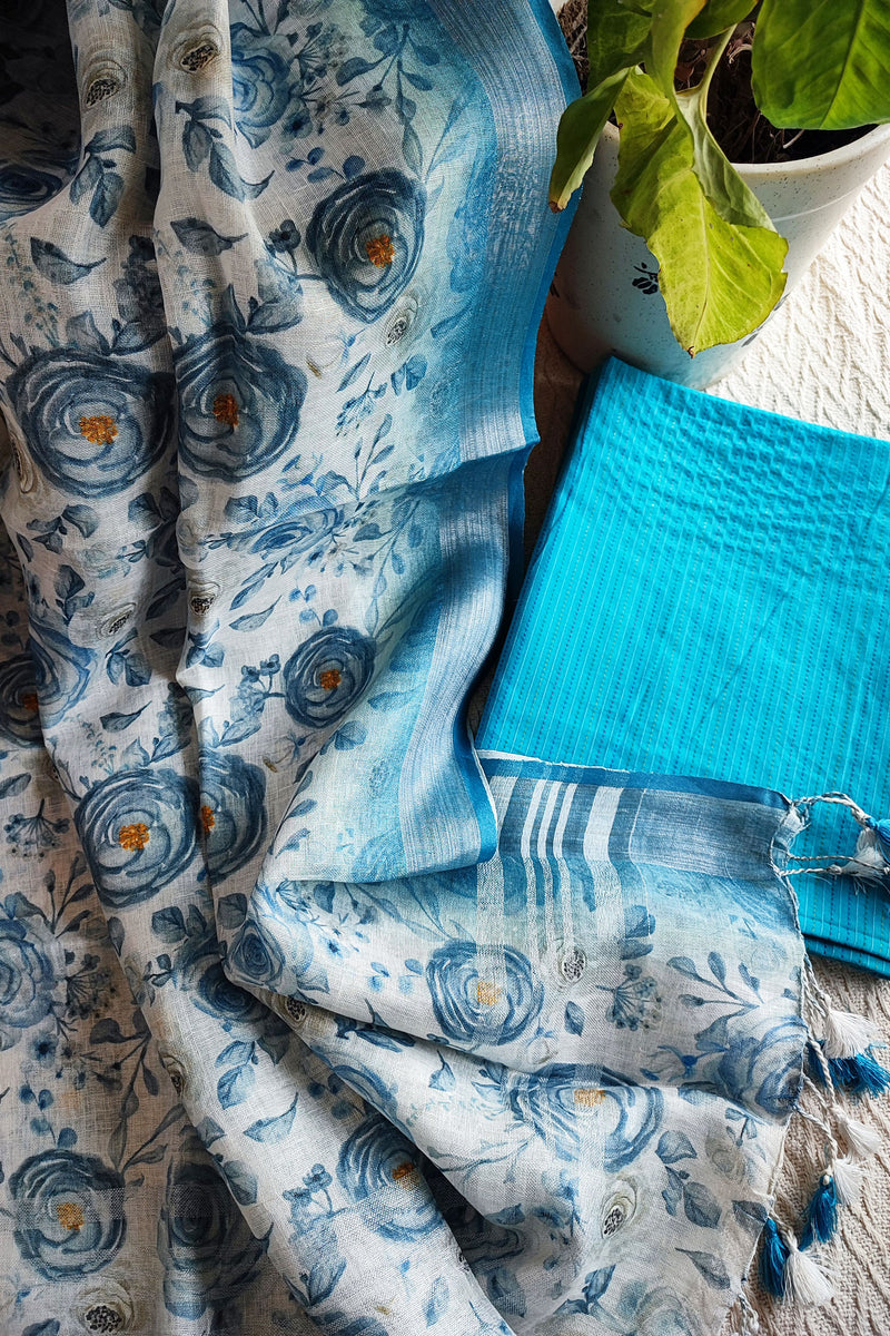 Sky Blue Monochromatic Cotton Kurta with Digital Print Floral Linen Dupatta (Variation 4)