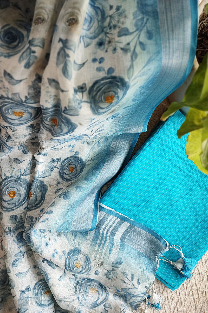 Sky Blue Monochromatic Cotton Kurta with Digital Print Floral Linen Dupatta (Variation 4)