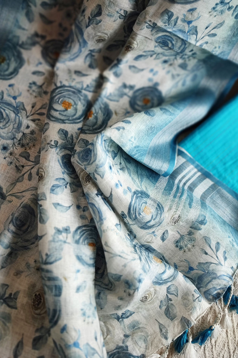 Sky Blue Monochromatic Cotton Kurta with Digital Print Floral Linen Dupatta (Variation 4)