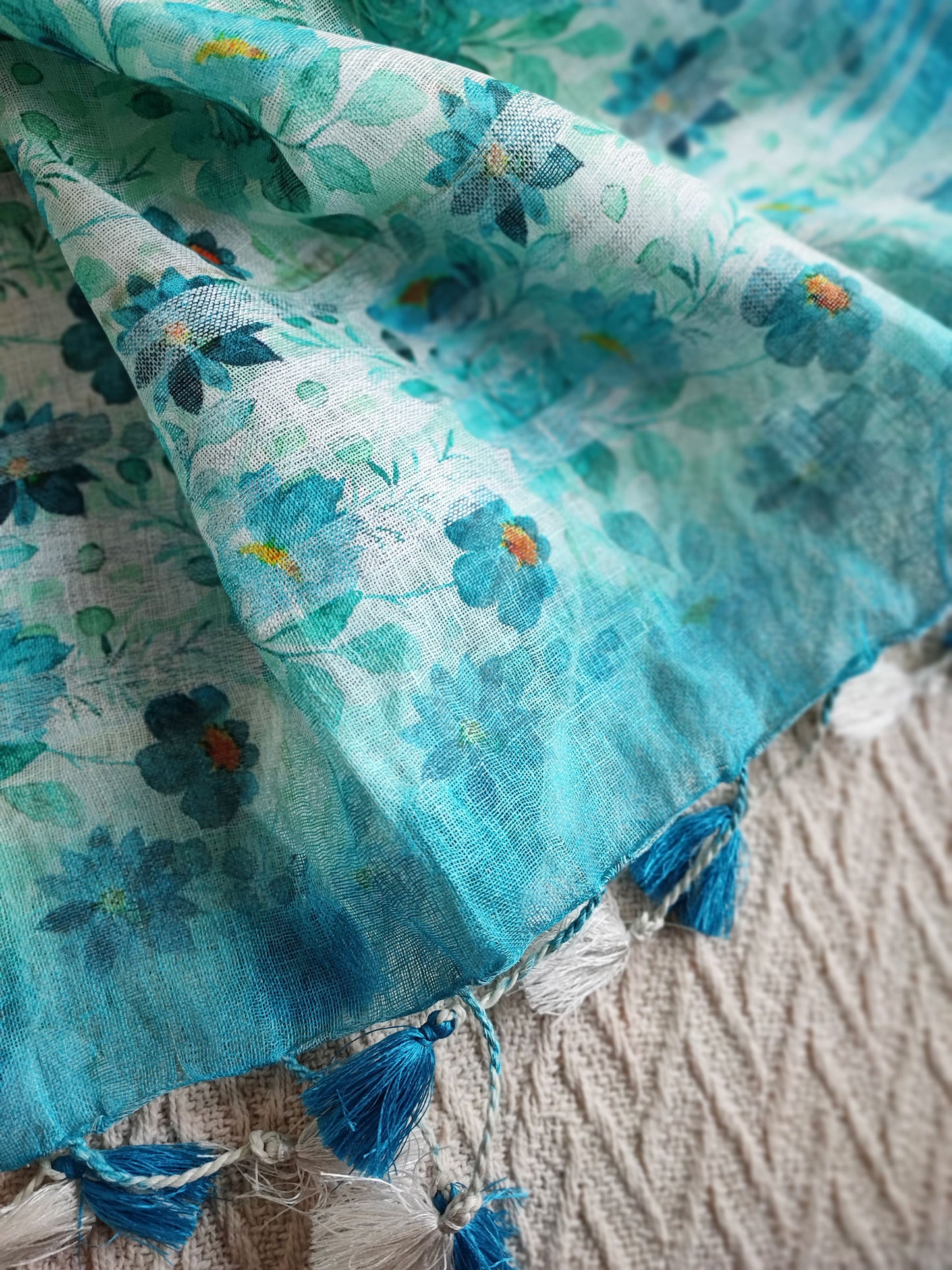 Aquamarine Pure Linen Printed Dupatta with Tassels Detailing