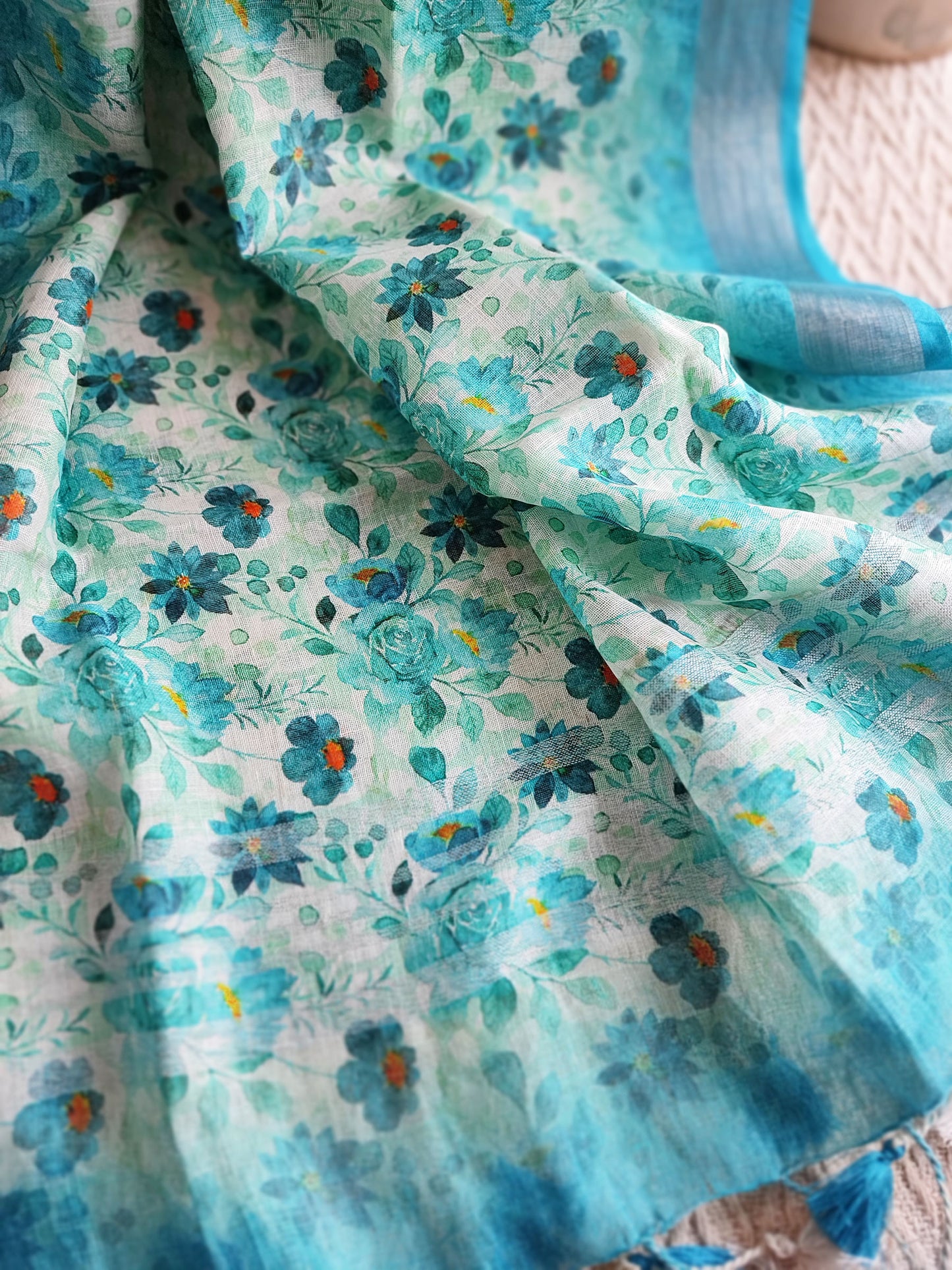 Aquamarine Pure Linen Printed Dupatta with Tassels Detailing