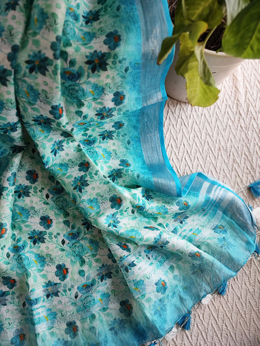 Aquamarine Pure Linen Printed Dupatta with Tassels Detailing