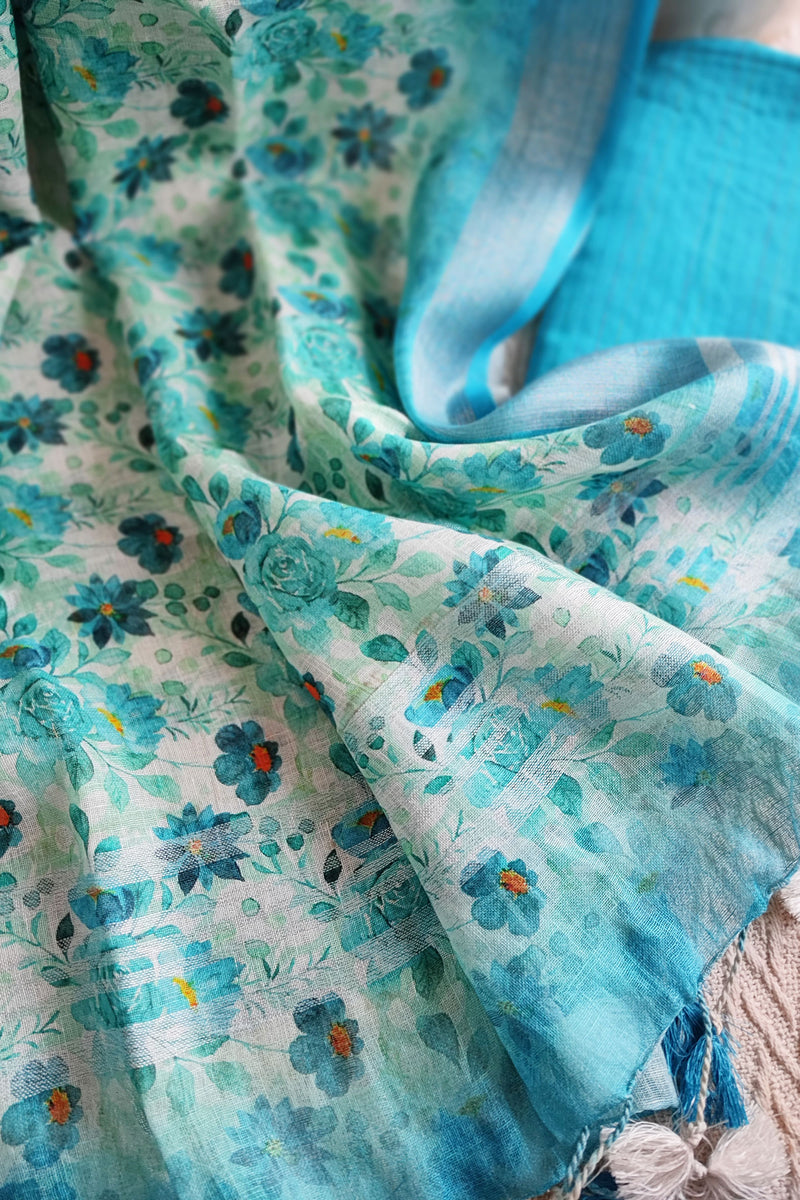 Sky Blue Monochromatic Cotton Kurta with Digital Print Floral Linen Dupatta (Variation 6)