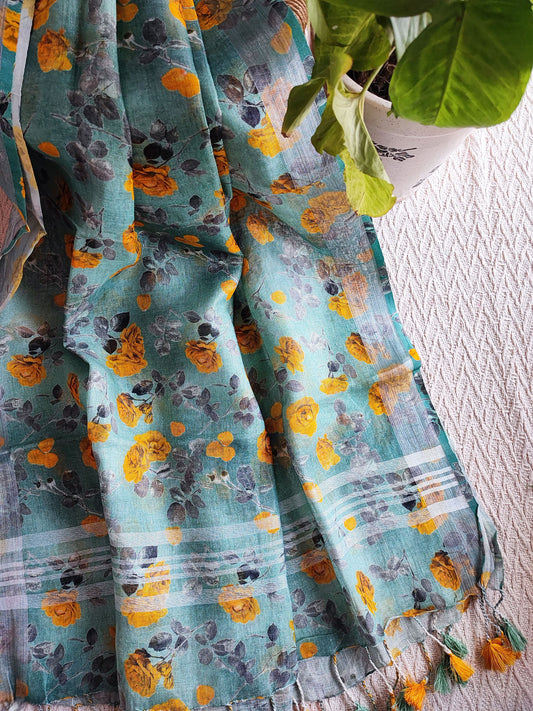 Marigold & Teal Pure Linen Printed Dupatta with Tassels Detailing