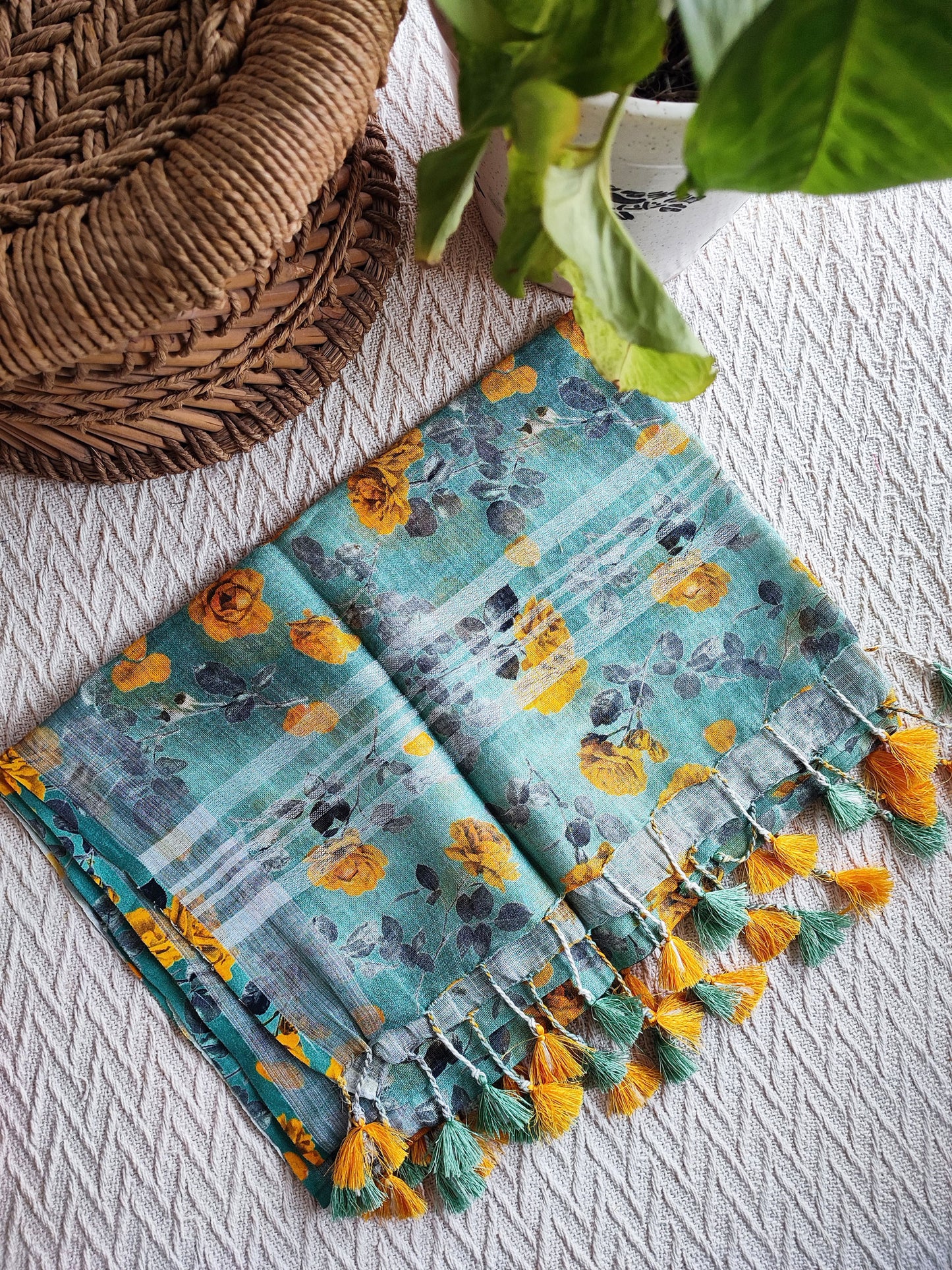 Marigold & Teal Pure Linen Printed Dupatta with Tassels Detailing