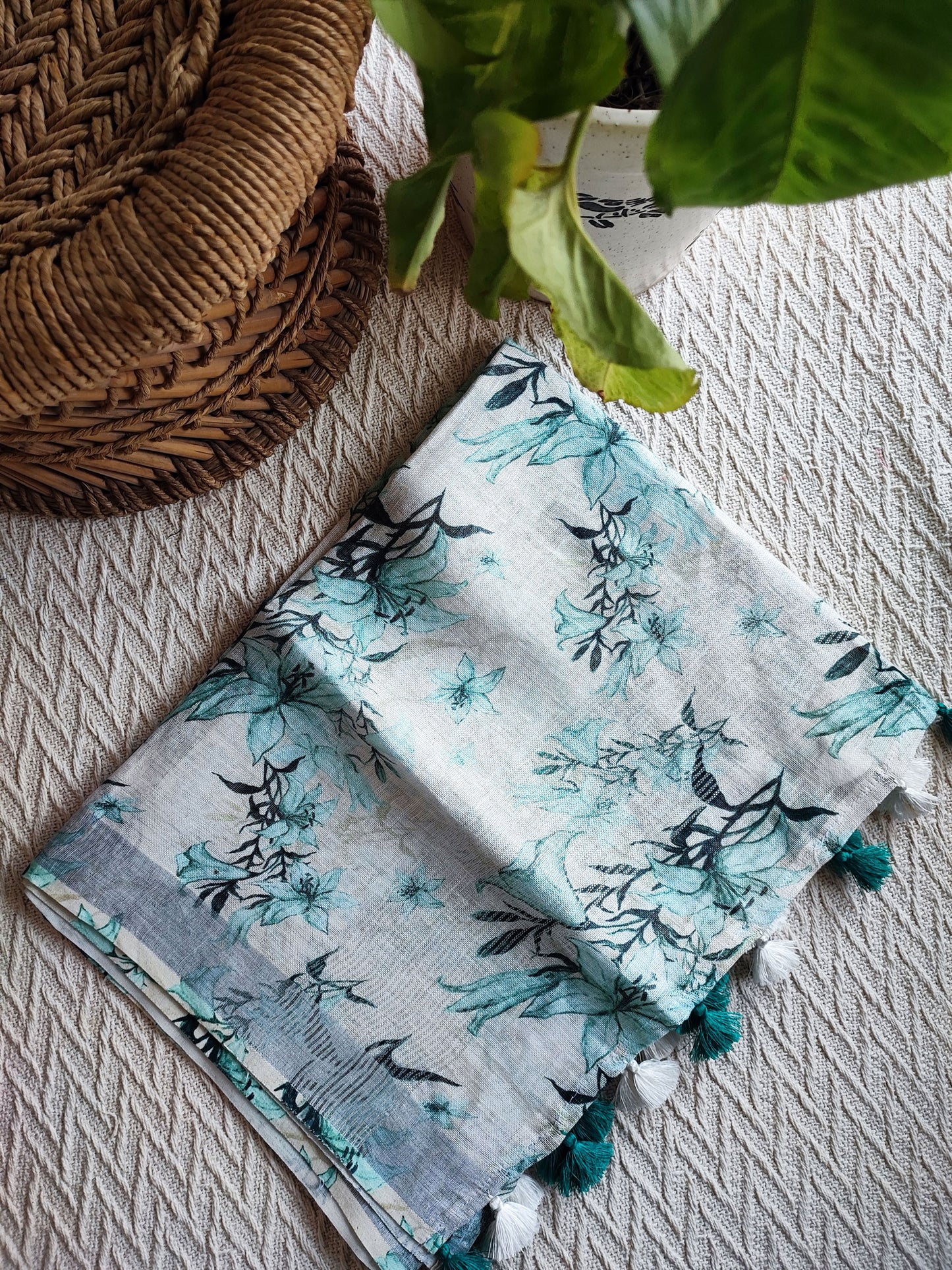 White & Black Pure Linen Blue Flower Printed Dupatta with Tassels Detailing
