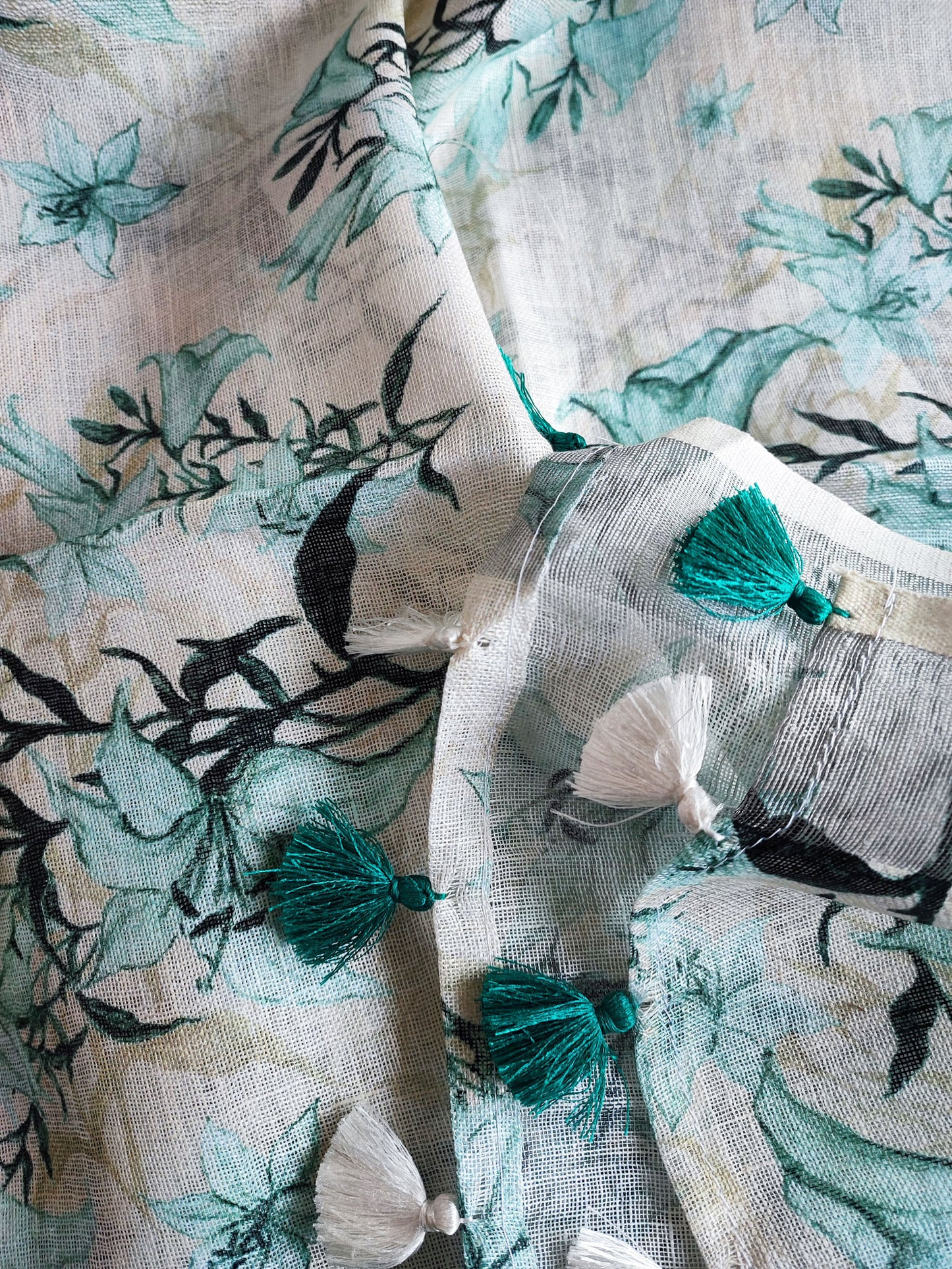 White & Black Pure Linen Blue Flower Printed Dupatta with Tassels Detailing