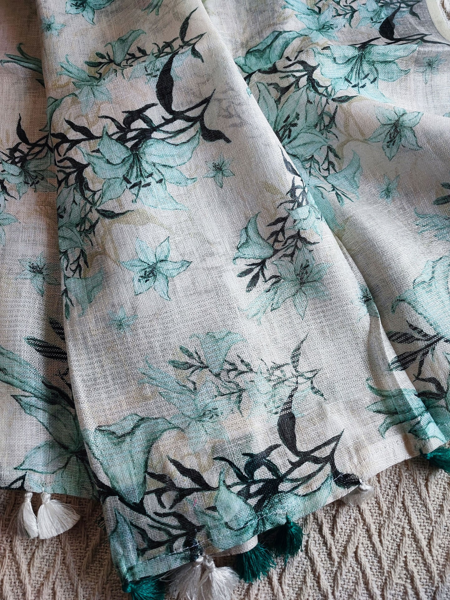 White & Black Pure Linen Blue Flower Printed Dupatta with Tassels Detailing