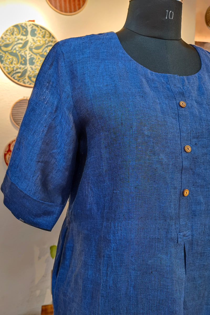 Navy Blue Pure Linen Loose Fit Kurta with Pocket Detailing (Round Neck)
