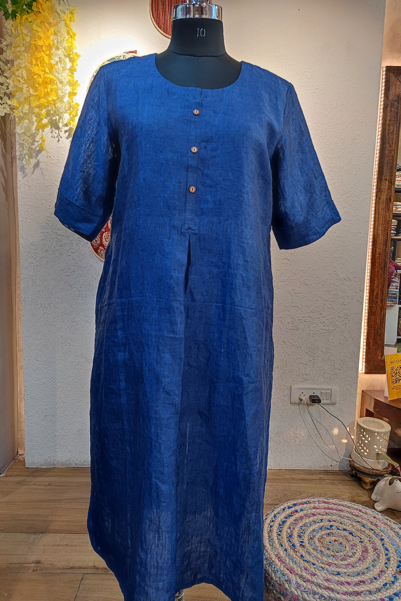 Navy Blue Pure Linen Loose Fit Kurta with Pocket Detailing (Round Neck)