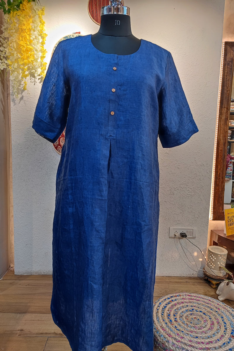 Navy Blue Pure Linen Loose Fit Kurta with Pocket Detailing (Round Neck)