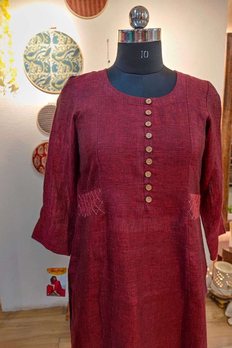 Berry Red Pure Linen Loose Fit Kurta with Long Sleeves (Round Neck)