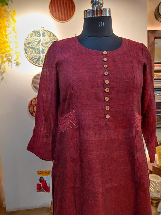 Berry Red Pure Linen Loose Fit Kurta with Long Sleeves (Round Neck)