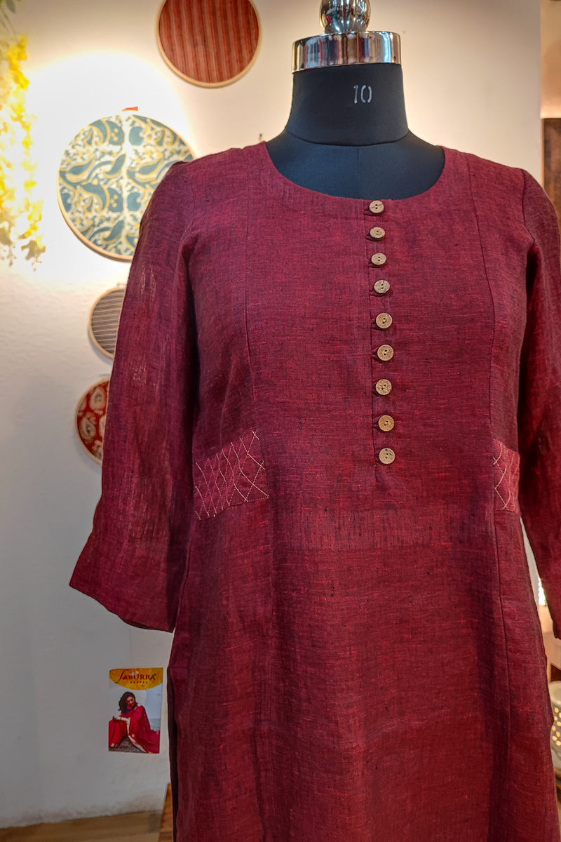 Berry Red Pure Linen Loose Fit Kurta with Long Sleeves (Round Neck)