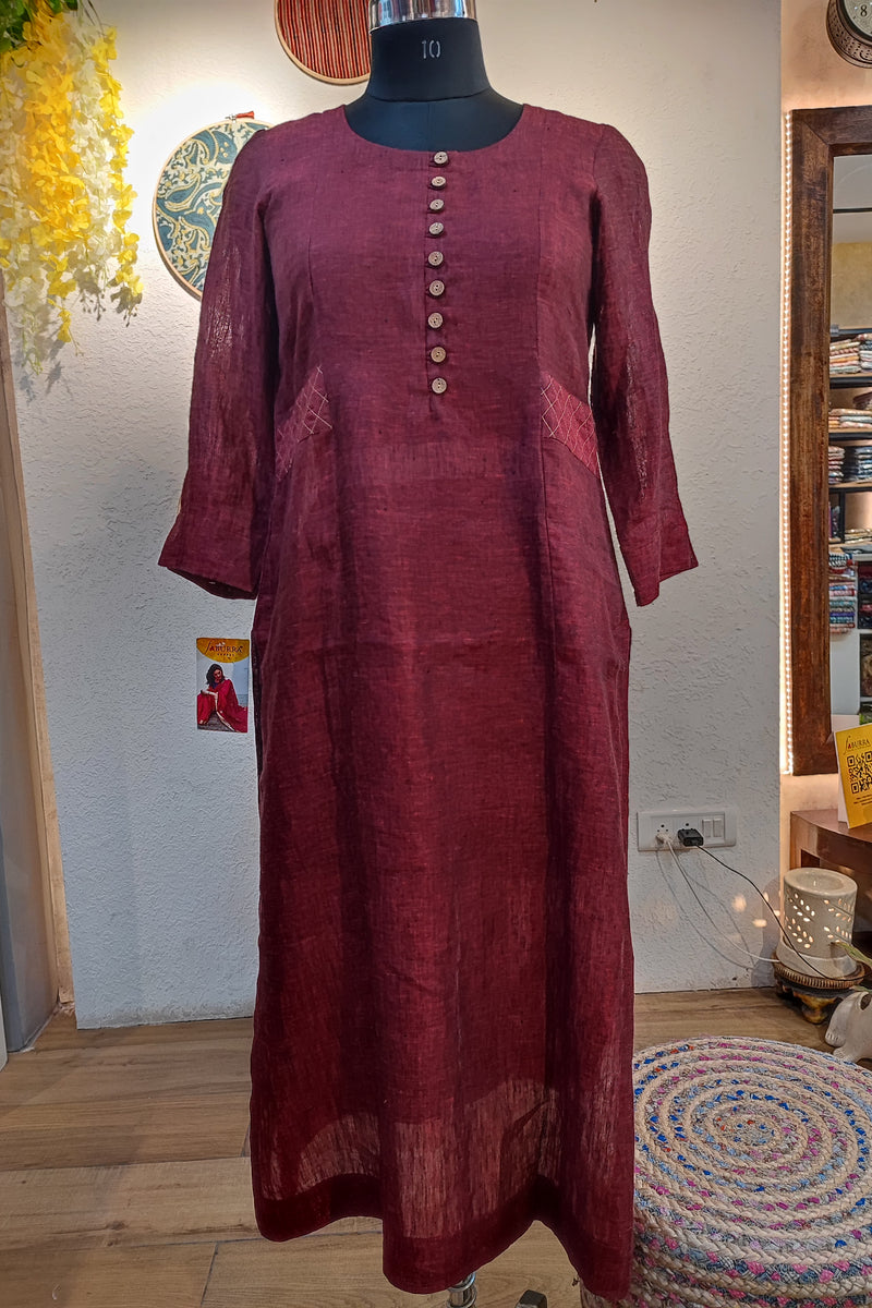 Berry Red Pure Linen Loose Fit Kurta with Long Sleeves (Round Neck)