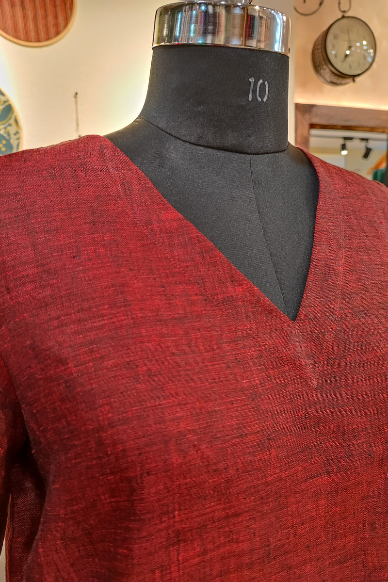 Berry Red Pure Linen Loose Fit Kurta with Pocket Detailing (V Neck)