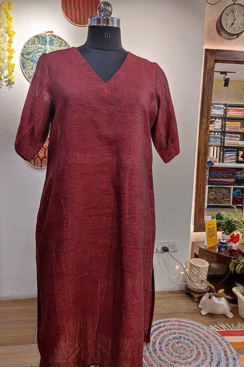 Berry Red Pure Linen Loose Fit Kurta with Pocket Detailing (V Neck)