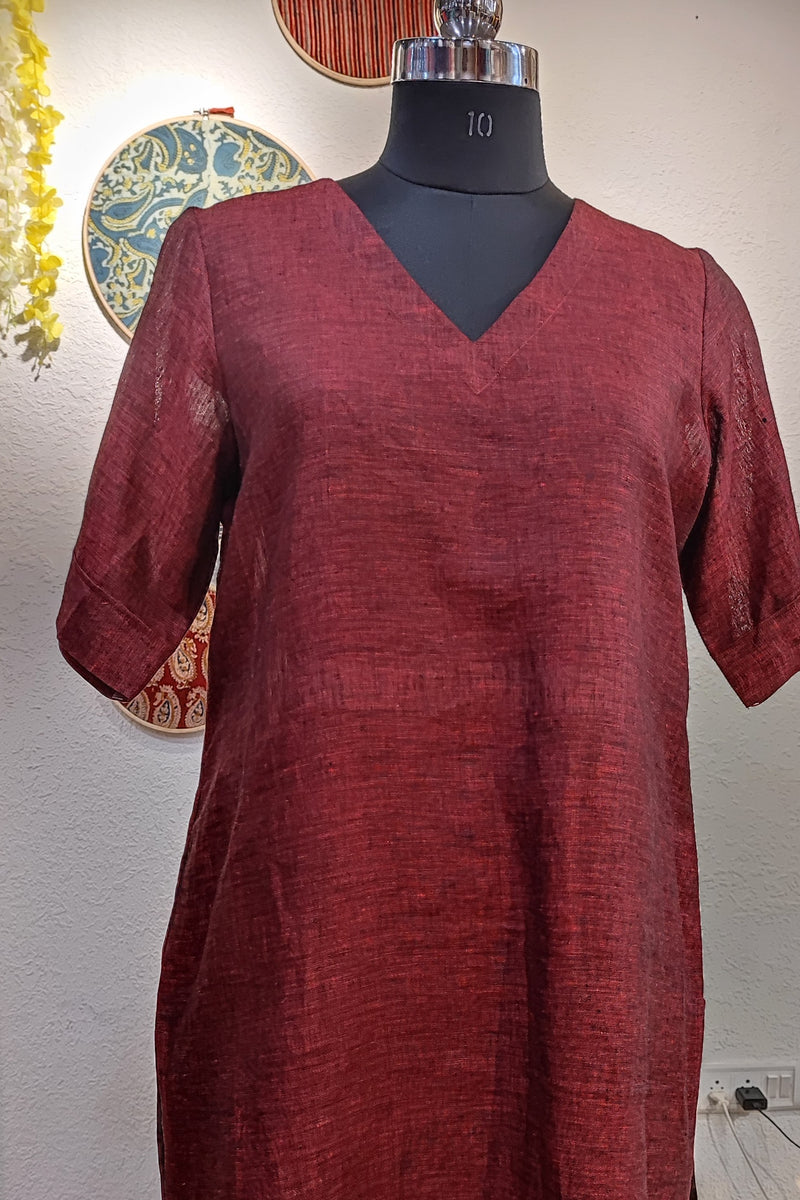 Berry Red Pure Linen Loose Fit Kurta with Pocket Detailing (V Neck)