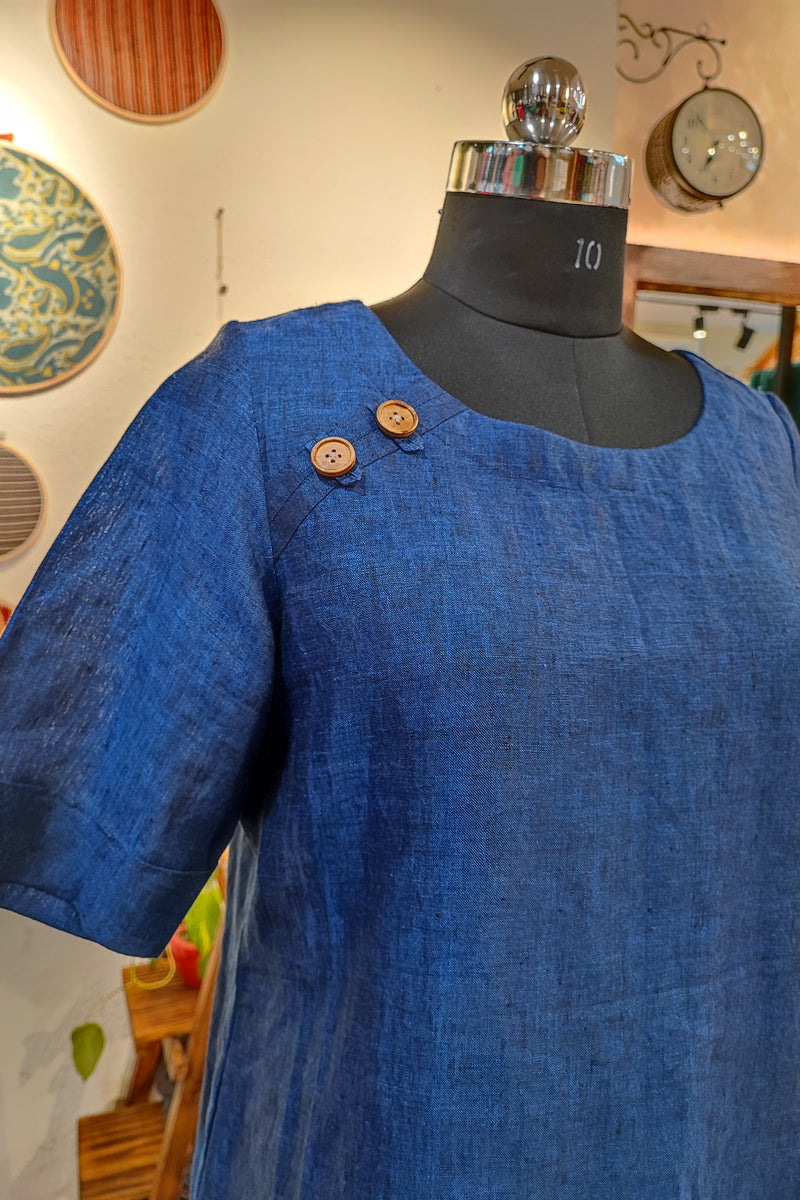 Navy Blue Pure Linen Loose Fit Kurta (Round Neck)