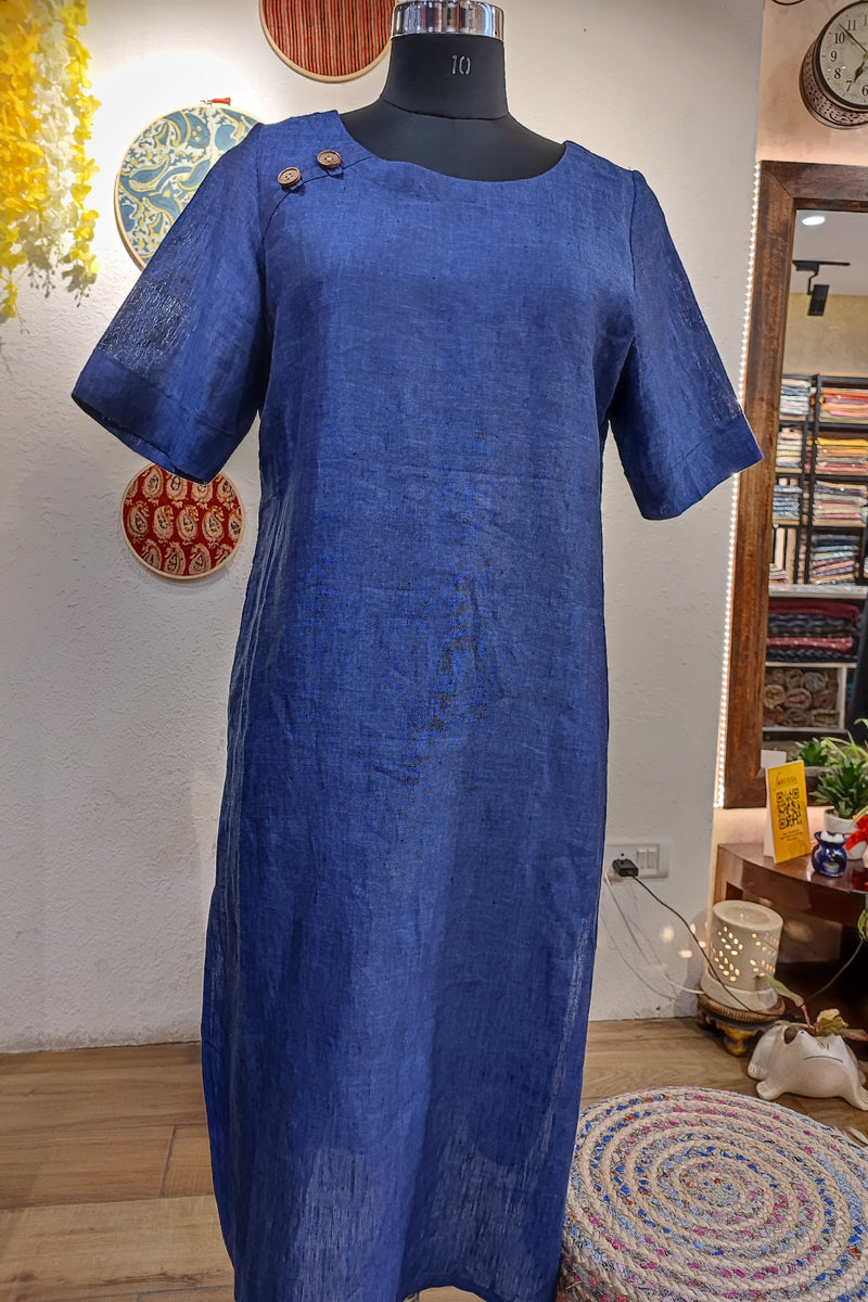 Navy Blue Pure Linen Loose Fit Kurta (Round Neck)