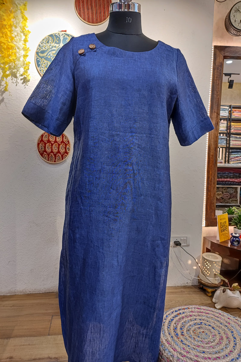 Navy Blue Pure Linen Loose Fit Kurta (Round Neck)