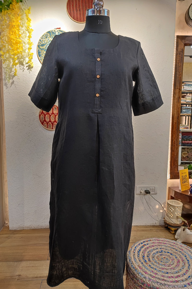 Charcoal Gray Pure Linen Loose Fit Kurta with Pocket Detailing (Round Neck)