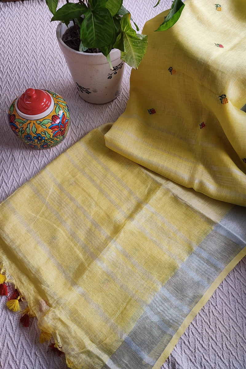 Pastel Yellow Pure Linen Embroidered Saree with Tassels Detailing