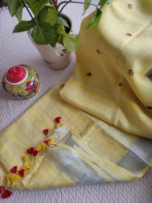 Pastel Yellow Pure Linen Embroidered Saree with Tassels Detailing