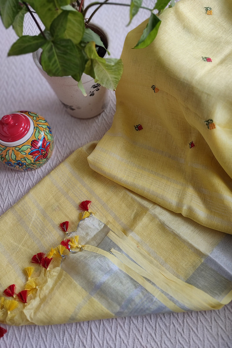 Pastel Yellow Pure Linen Embroidered Saree with Tassels Detailing
