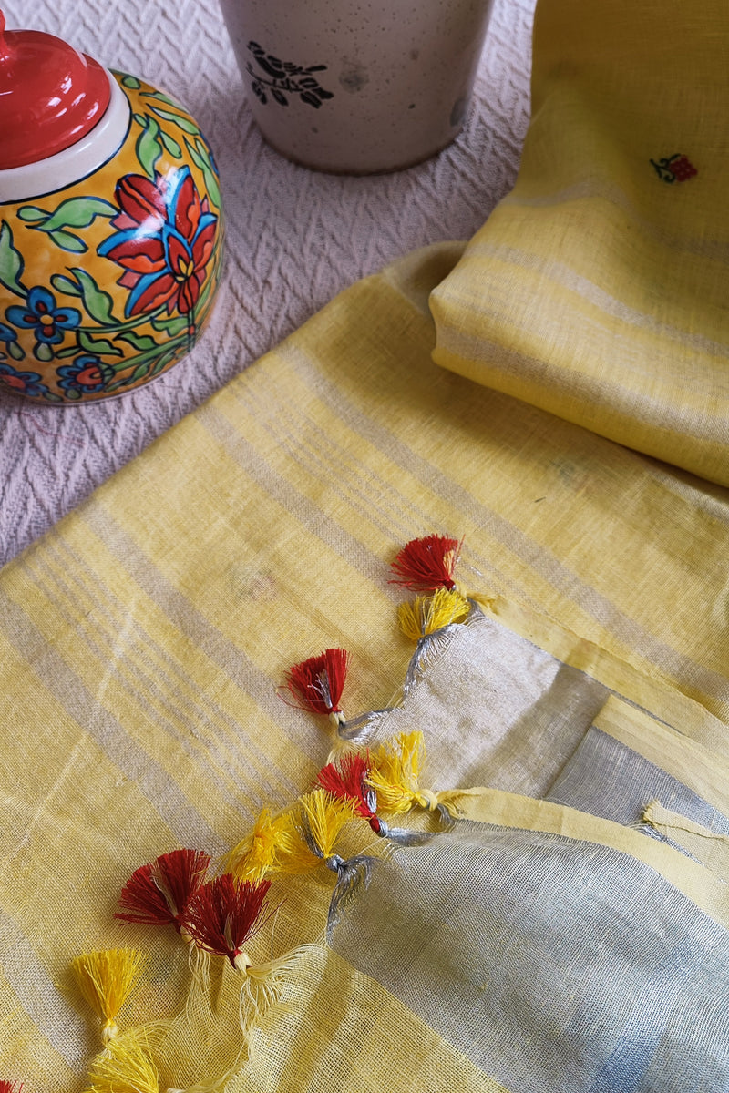 Pastel Yellow Pure Linen Embroidered Saree with Tassels Detailing