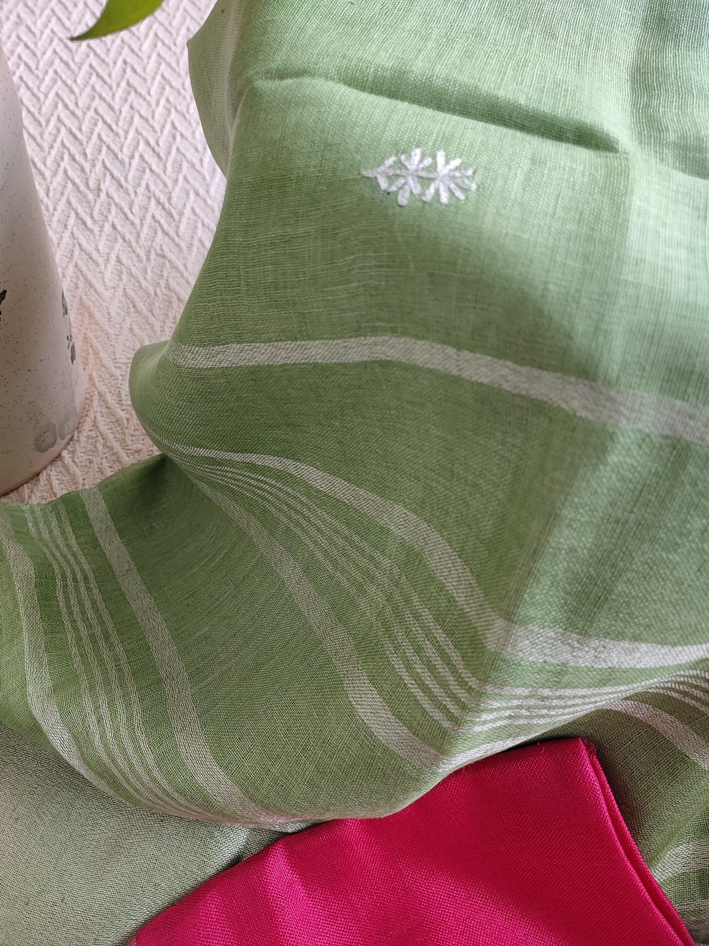 Pastel Green Pure Linen Embroidered Saree with Tassels Detailing and Hot Pink Blouse
