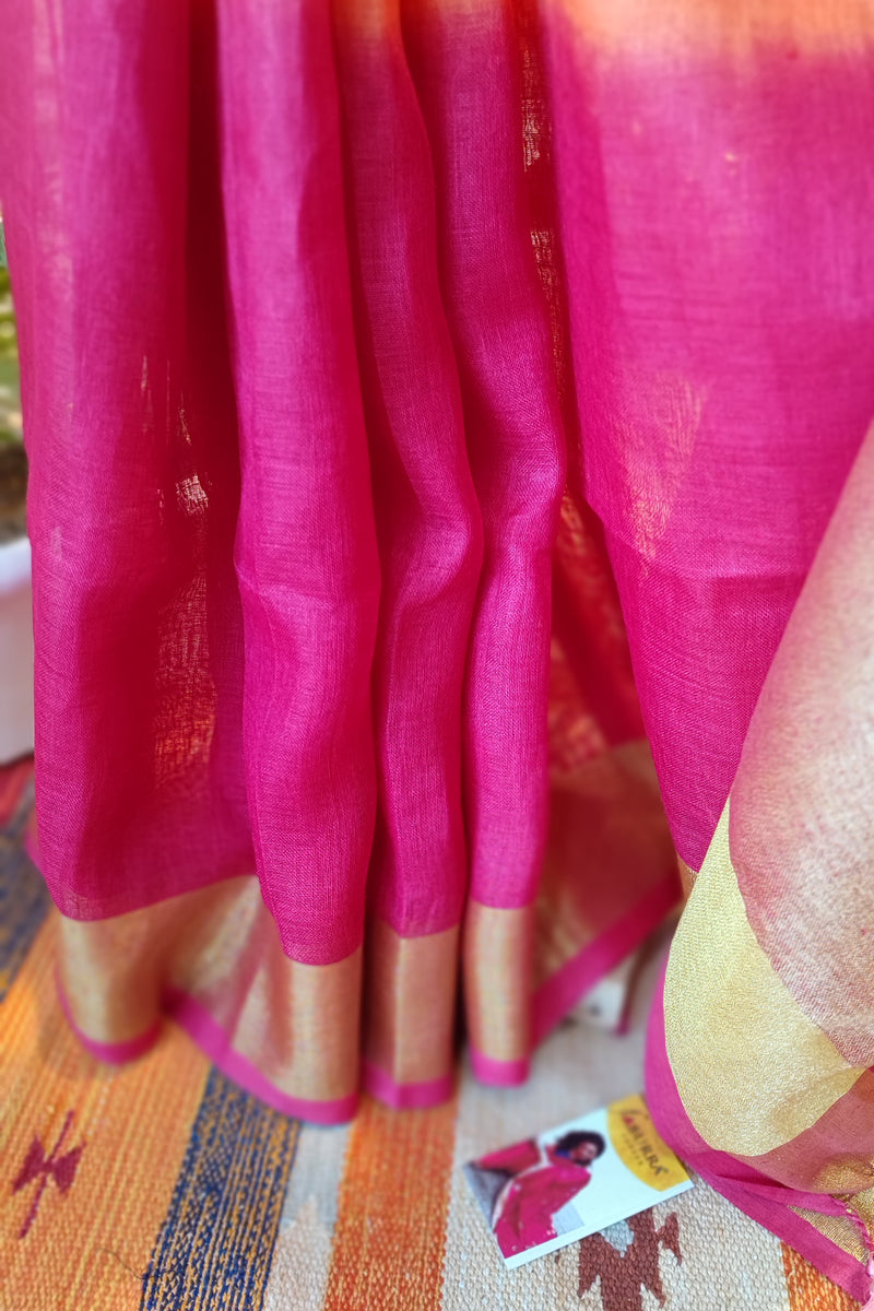 Pink Peach & Fuchsia Premium Linen Shaded Saree