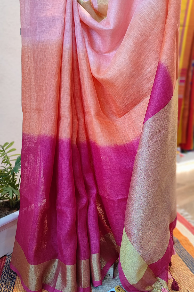 Pink Peach & Fuchsia Premium Linen Shaded Saree
