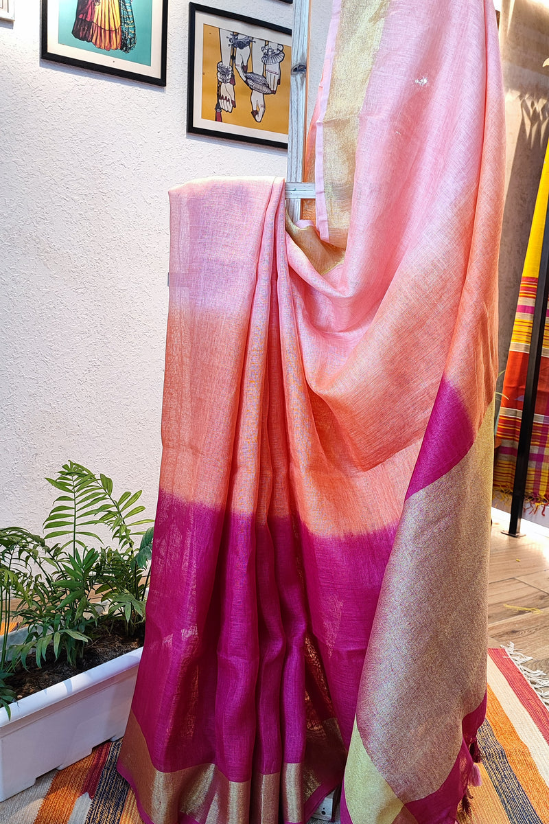 Pink Peach & Fuchsia Premium Linen Shaded Saree
