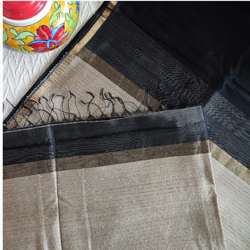 Black Maheshwari Silk Saree with Golden Details