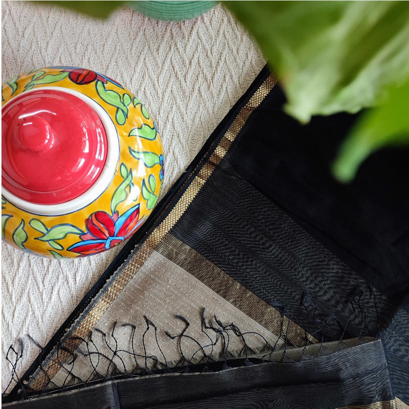 Black Maheshwari Silk Saree with Golden Details