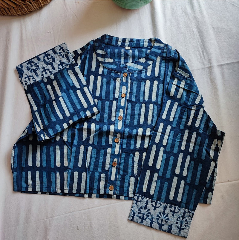 Indigo Blue Pure Cotton Handblock Printed Contemporary Blouse/Crop Top