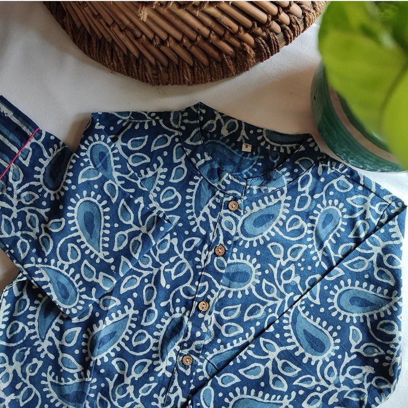 Pine Blue Pure Cotton Handblock Printed Contemporary Blouse/ Crop Top