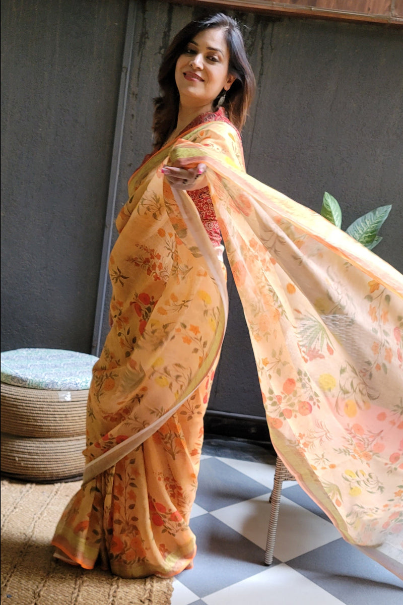 Red Sand Linen Floral Printed Saree with Tassels Detailing