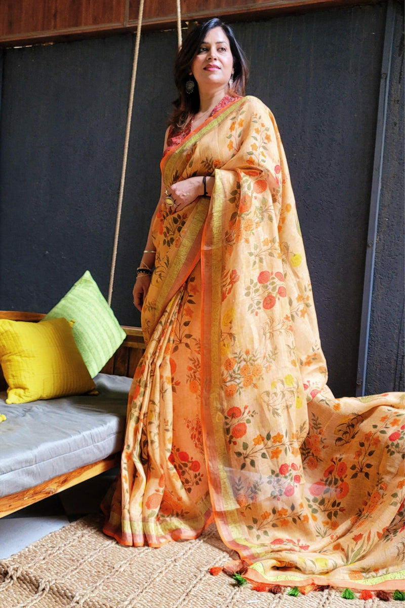 Red Sand Linen Floral Printed Saree with Tassels Detailing