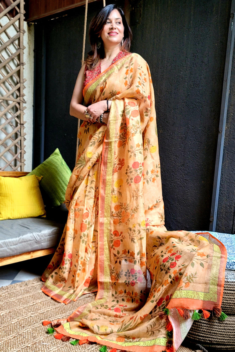 Red Sand Linen Floral Printed Saree with Tassels Detailing