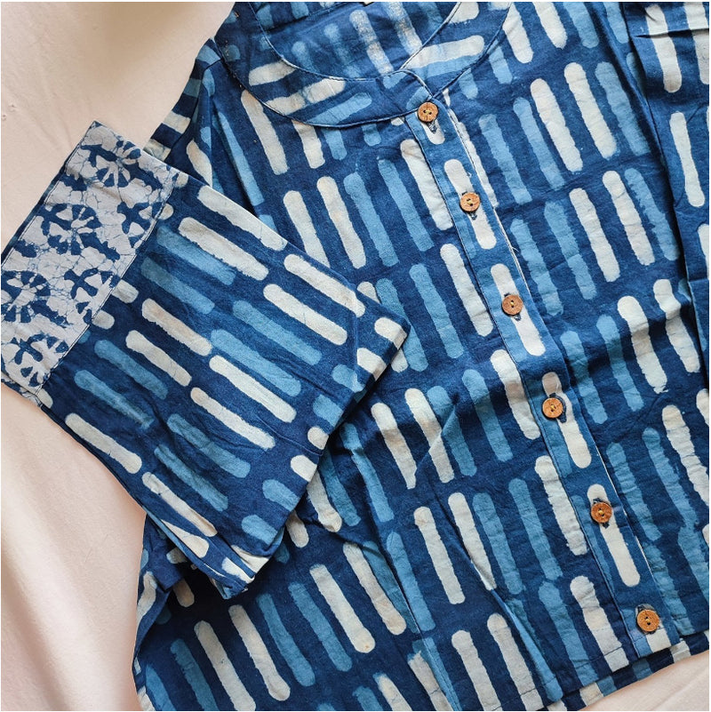 Indigo Blue Pure Cotton Handblock Printed Contemporary Blouse/Crop Top