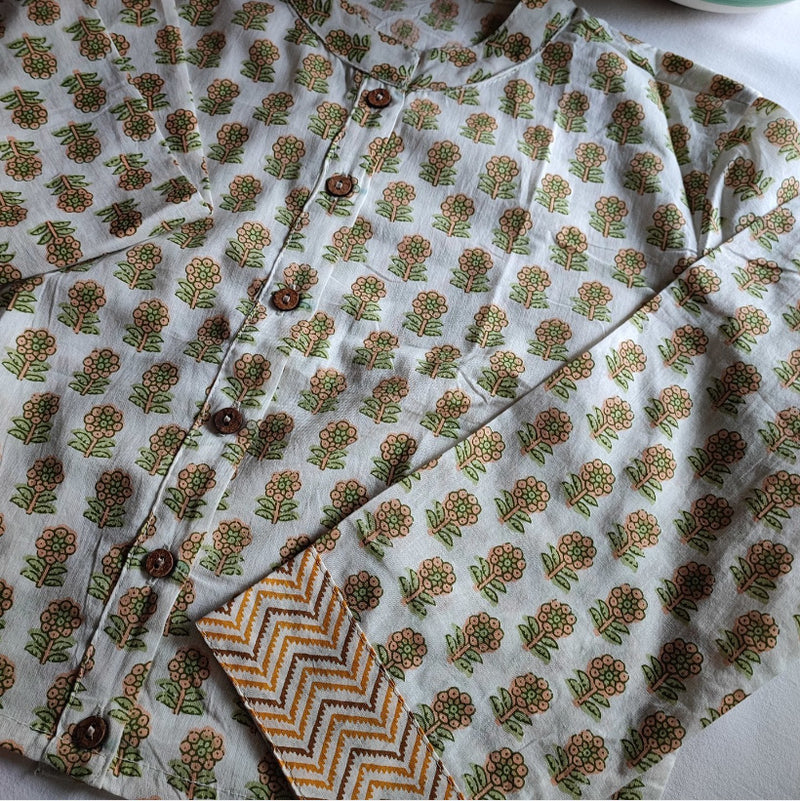 Creamy Beige Pure Cotton Handblock Printed Contemporary Blouse/ Crop Top