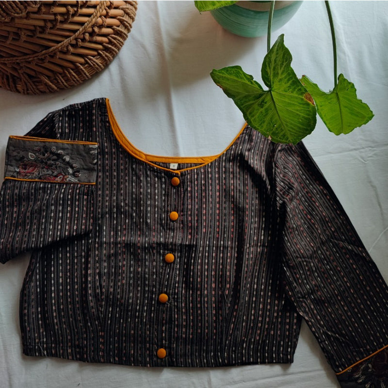 Black & Grey Pure Cotton Handblock Printed Contemporary Blouse Crop Top