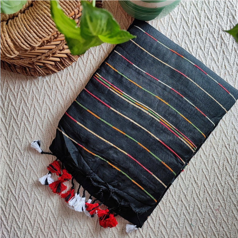 Black Khesh Handloom Cotton Saree with Gheecha Weaving