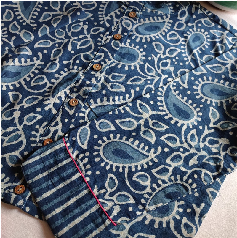 Pine Blue Pure Cotton Handblock Printed Contemporary Blouse/ Crop Top