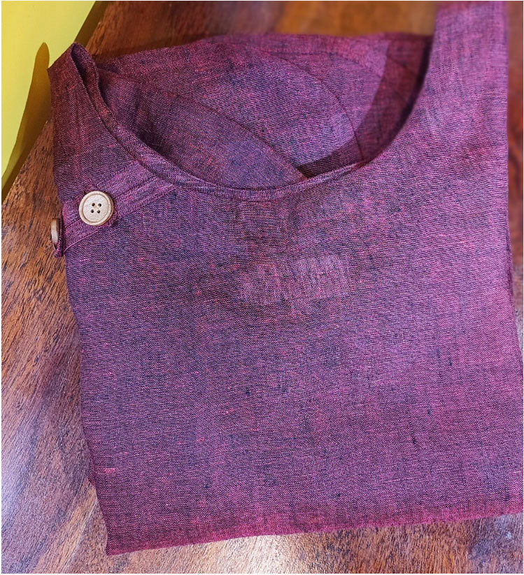 Berry Red Pure Linen Loose Fit Kurta with Pocket Detailing (Round Neck)