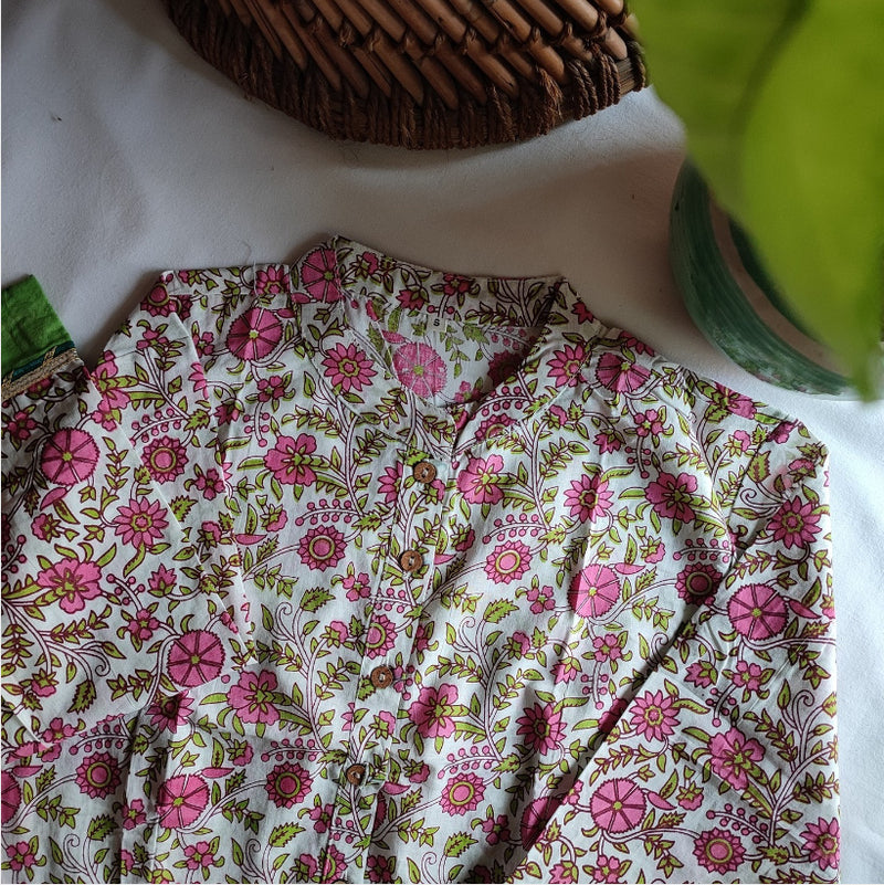 Off White & Pink Green Pure Cotton Handblock Printed Contemporary Blouse/ Crop Top