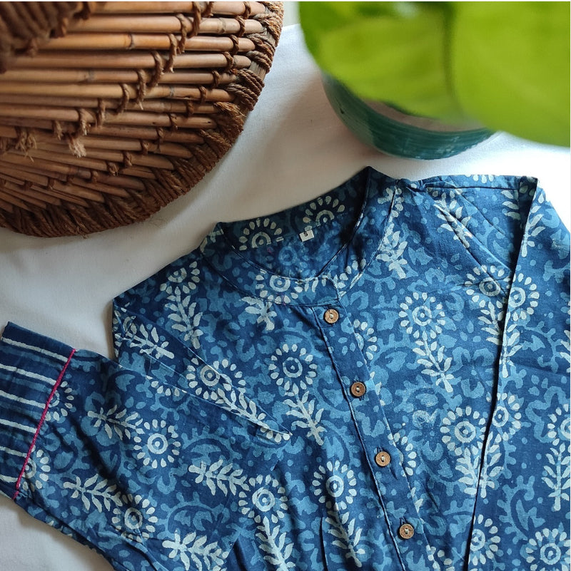 Indigo Blue Pure Cotton Handblock Printed Contemporary Blouse/ Crop Top