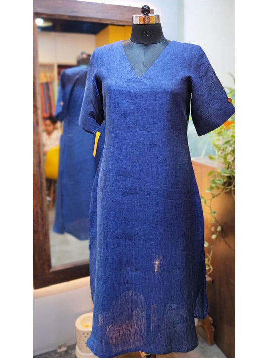 Navy Blue Pure Linen Loose Fit Kurta with Pocket Detailing (V Neck)